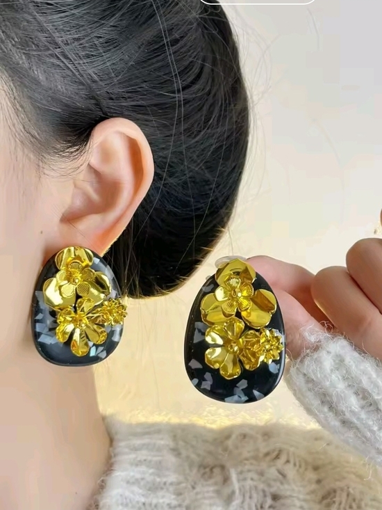 Black Resin Earrings with Gold Floral Accents - Picture 3 of 10